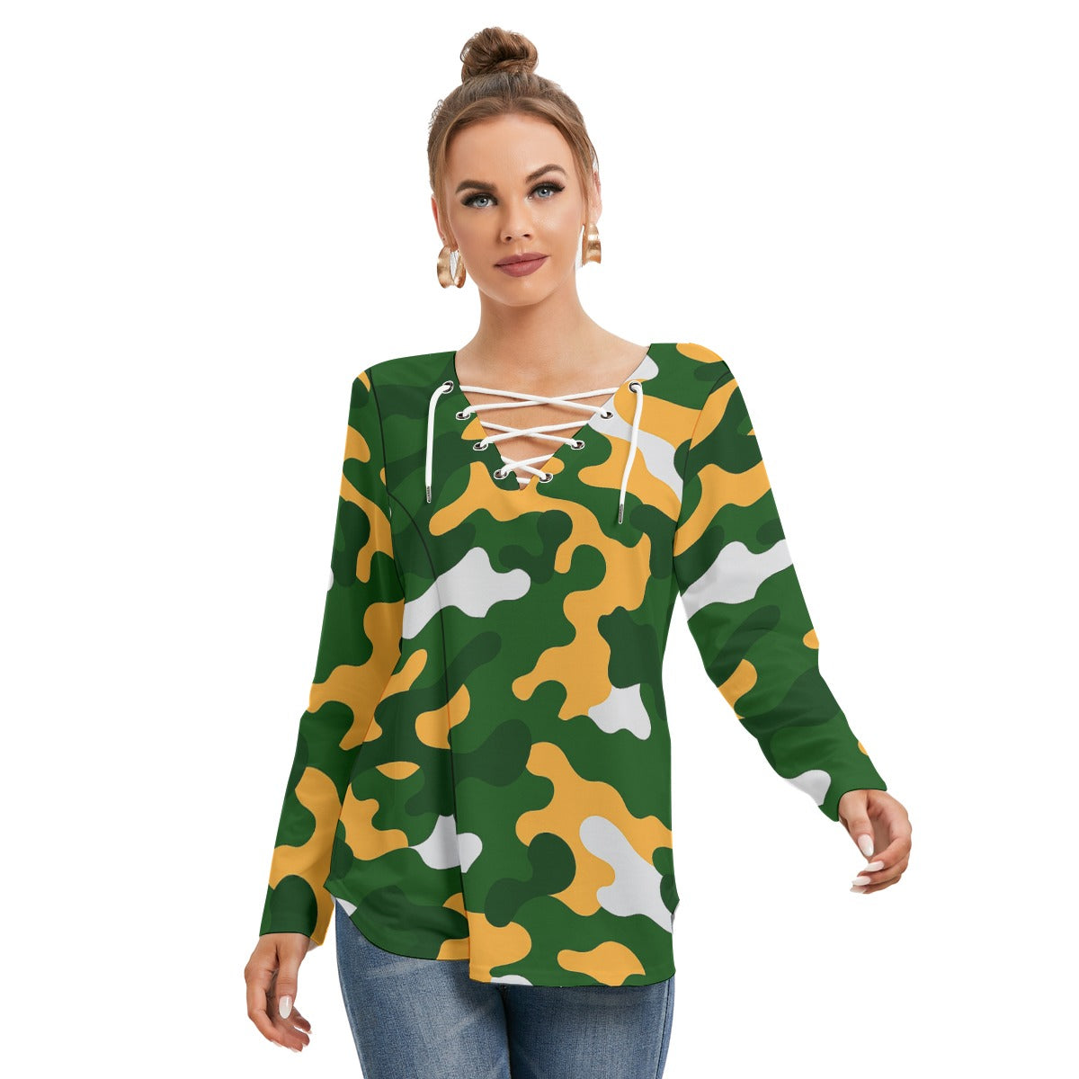 Green Bay Football Game Day All-Over Print Women's Long Sleeve Neckline Tie Sweatshirt