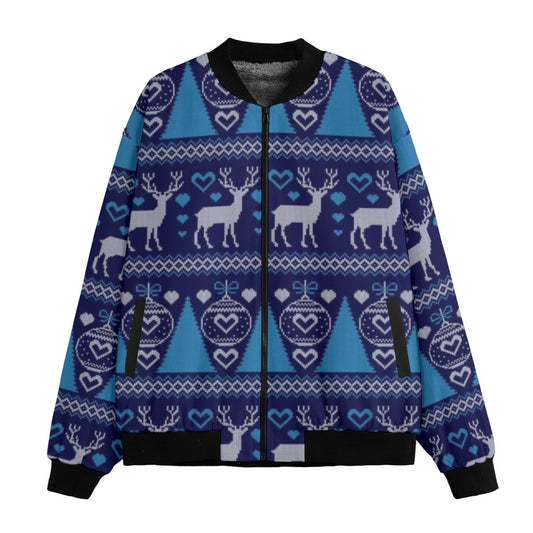 Urban Legend Blue Snow Inspired Pattern Knitted Christmas and New Year Fleece Bomber Jacket