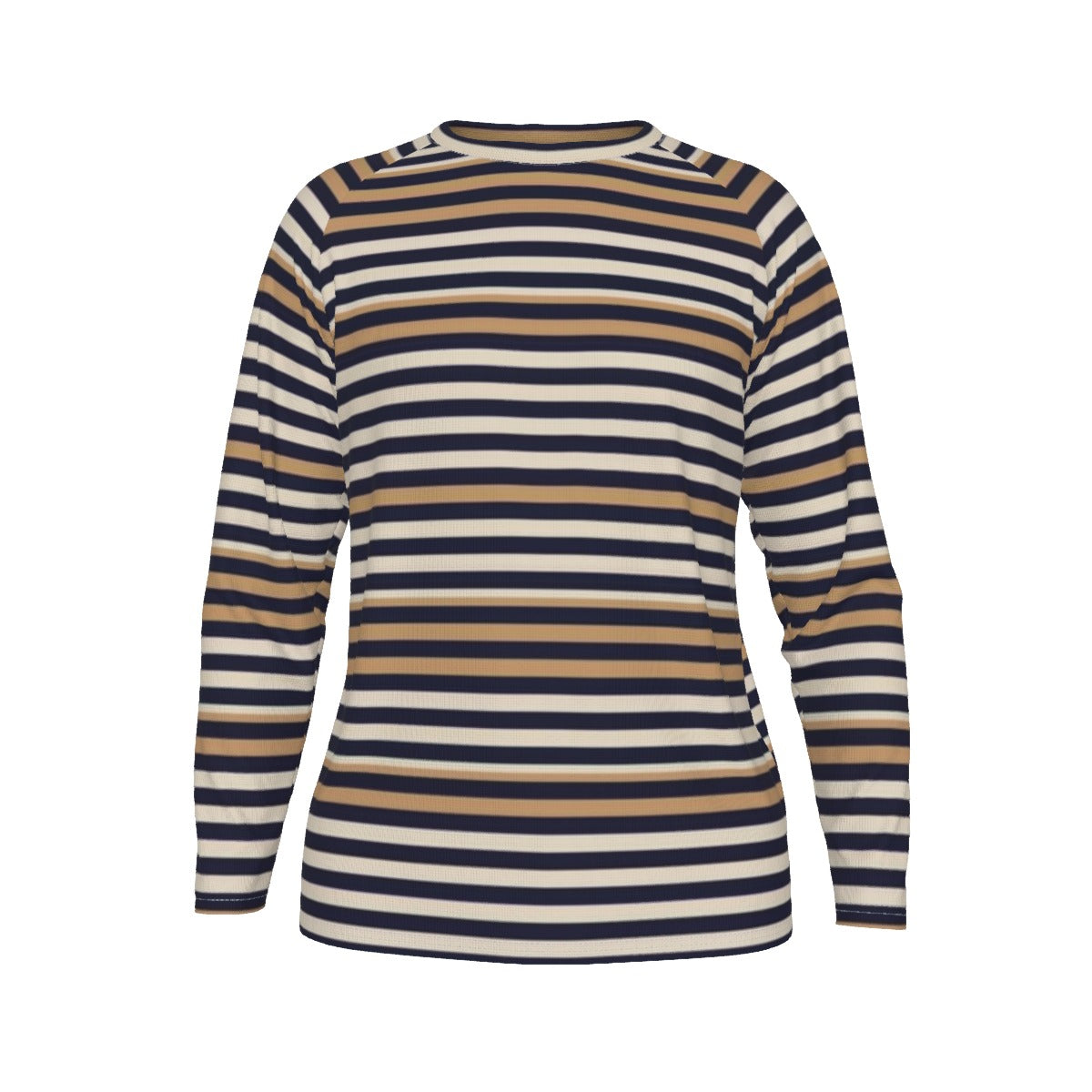 Striped long-sleeve shirt with blue, beige, and white stripes on a white background