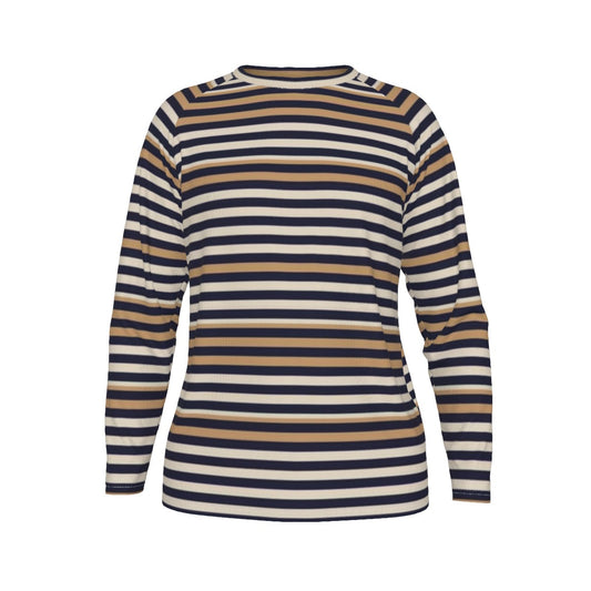 Striped long-sleeve shirt with blue, beige, and white stripes on a white background