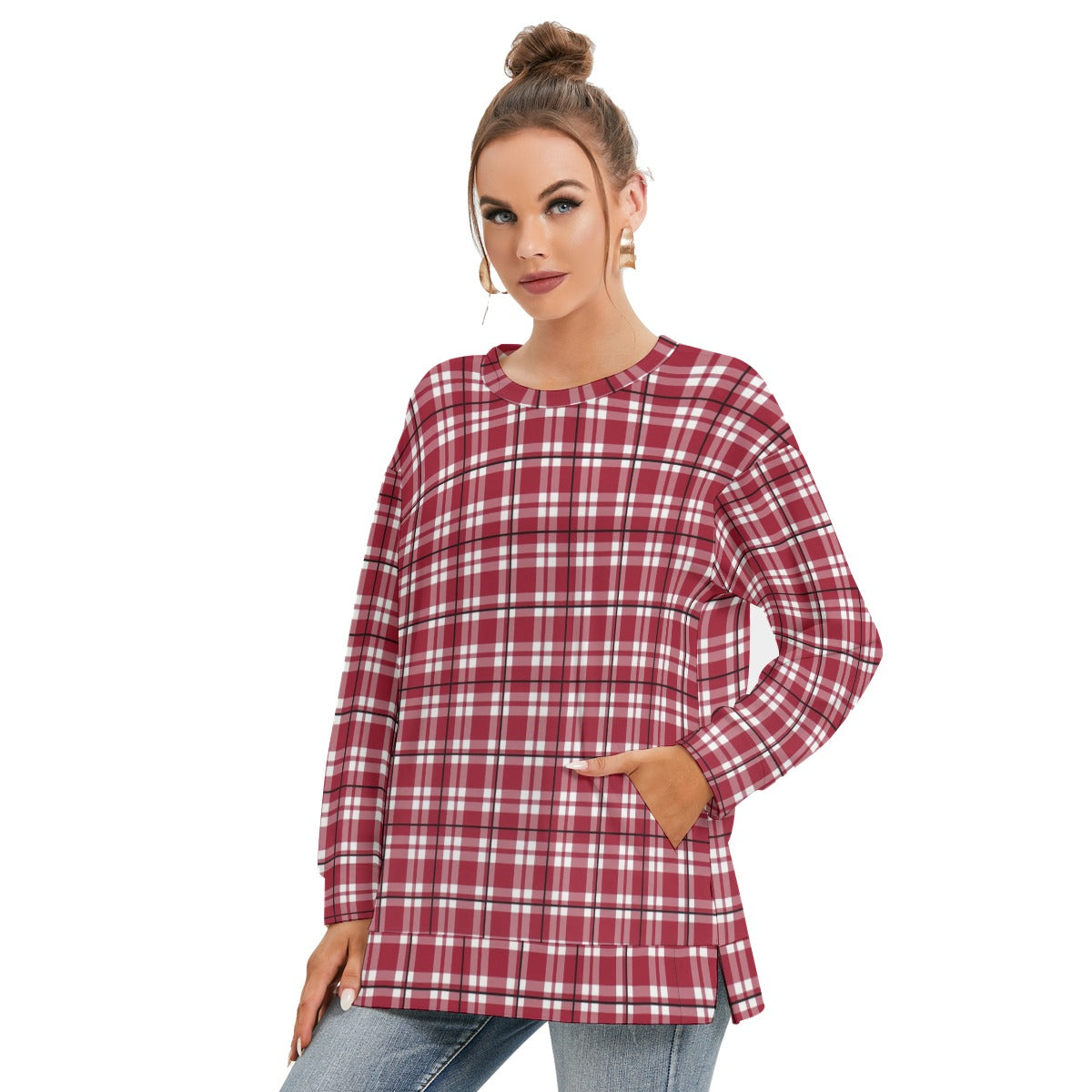 Alabama - Crimson Tide tartan plaid  Women's Side Split O-neck Sweatshirt