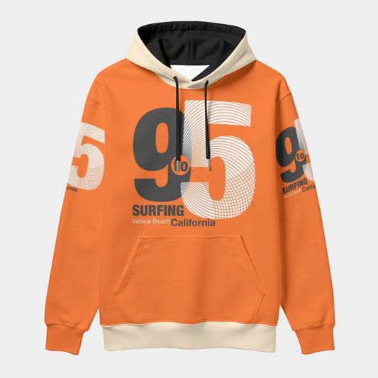 Orange hoodie with black and white text and numbers on a light gray background