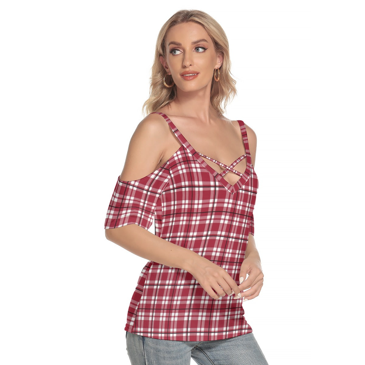 Alabama Tartan plaid Women's Cold Shoulder T-shirt With Criss Cross Strips