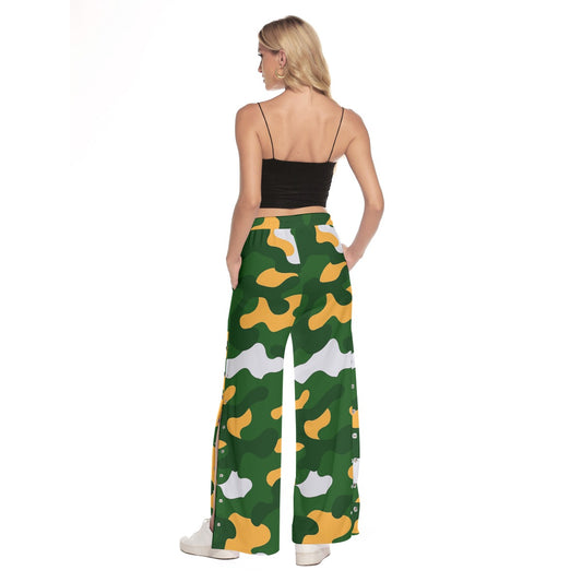 Green Bay Football Game Day All-Over Print Women's Side Slit Snap Button Trousers