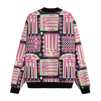 BoomBox Vibes Abstract Pink Flowers Seamless Fleece Bomber Jacket – Artistic Urban Streetwear