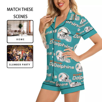 Miami Football Game Day All-Over Print Women's Imitation Silk Pajama Set With Short Sleeve