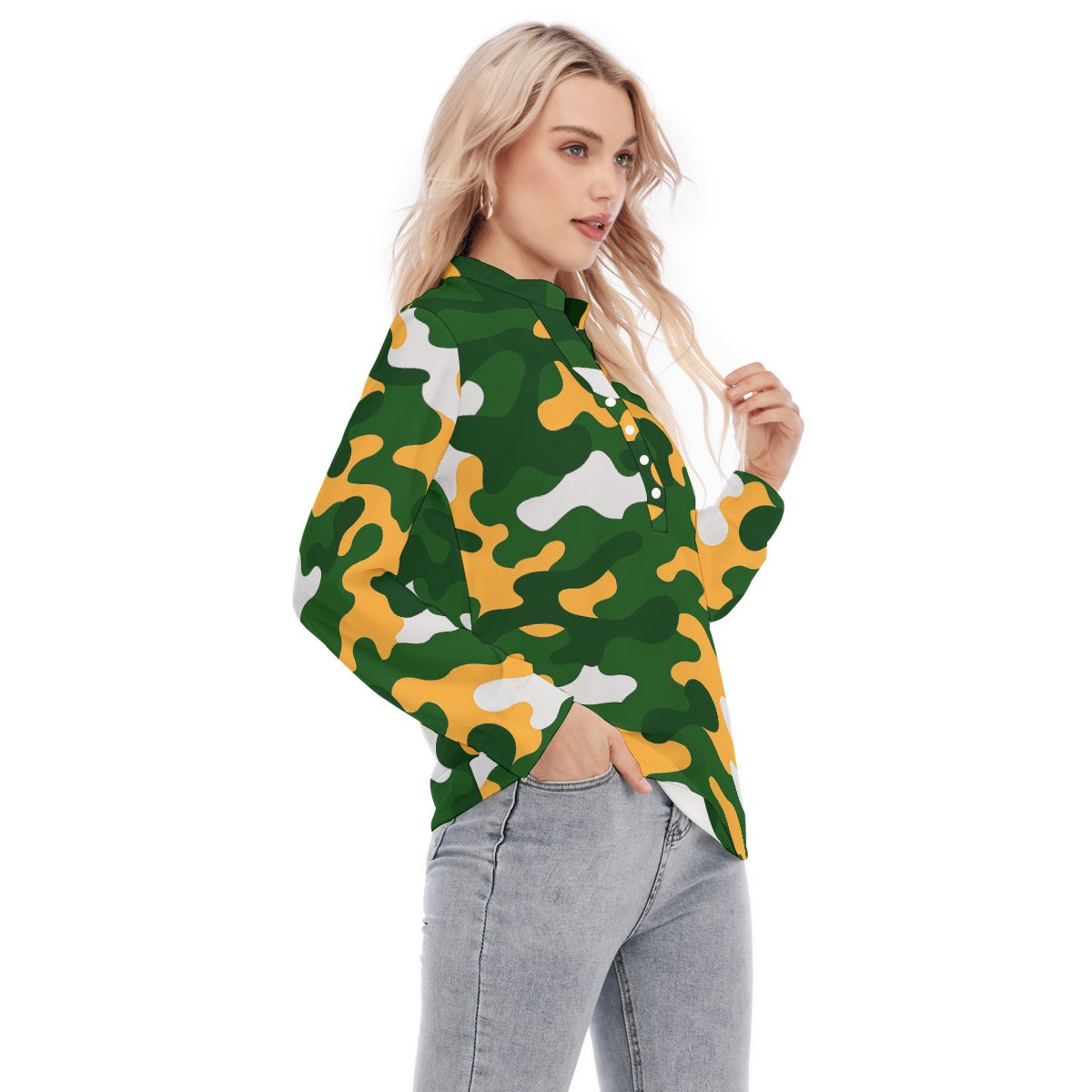 Green Bay Football Game Day All-Over Print Women's Long Sleeve Blouse With Button Closure
