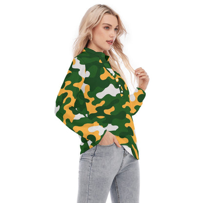 Green Bay Football Game Day All-Over Print Women's Long Sleeve Blouse With Button Closure