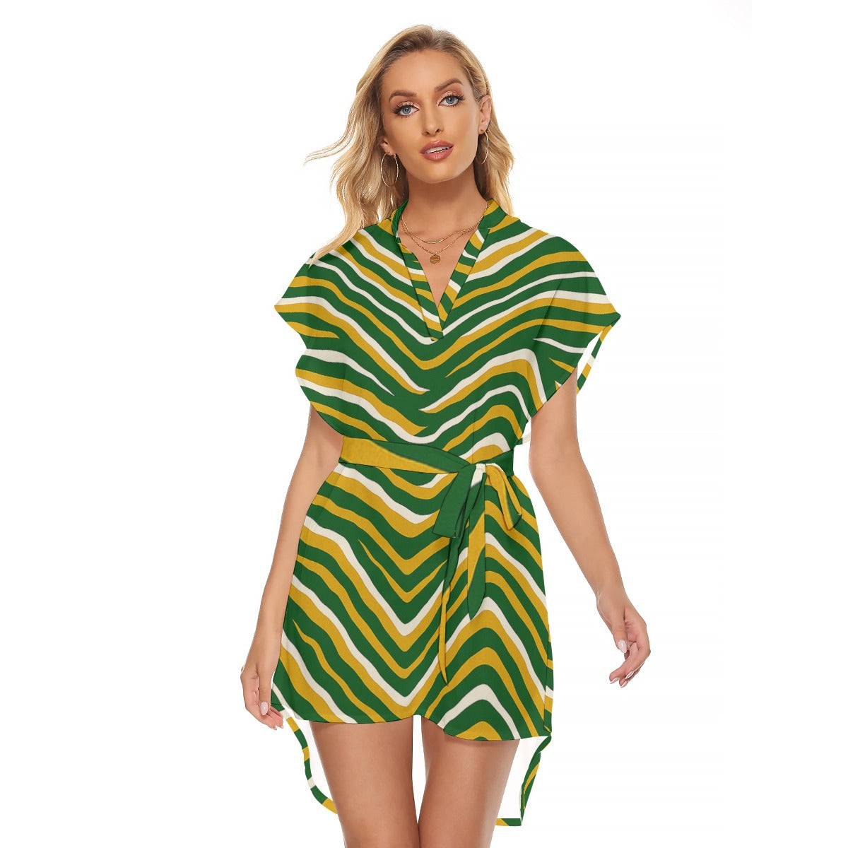 Green Bay Football Game Day All-Over Print Women's Stand-up Collar Casual Dress With Belt