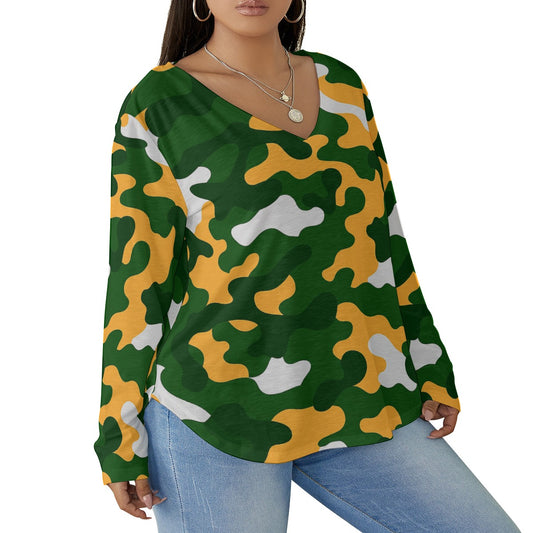 Green Bay Football Game Day All-Over Print Women's V-neck T-shirt With Curved Hem(Plus Size)