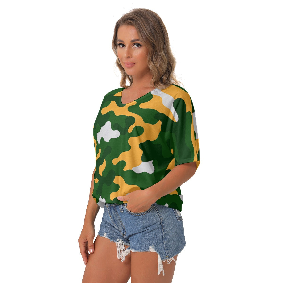 Green Bay Football Game Day All-Over Print Women's Bat Sleeves V-Neck Blouse