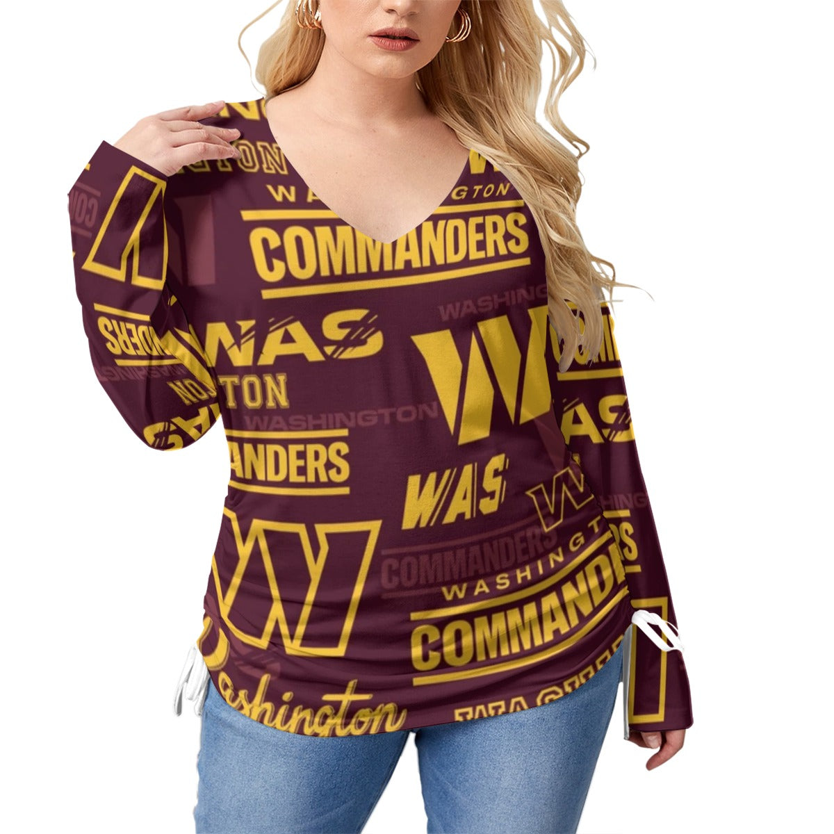 Washington Commanders Women’s V-neck T-shirt With Side Drawstring(Plus Size)