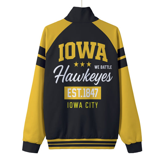 Black and yellow jacket with 'Iowa Hawkeyes' text on a white background