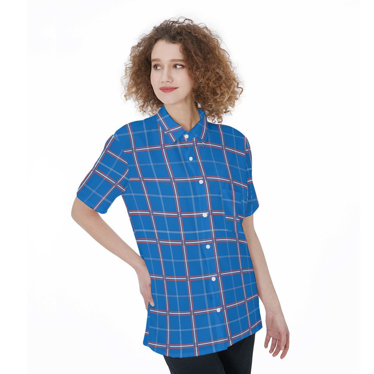 Kansas Tartan Plaid Jayhawks  Women's Short Sleeve Shirt With Pocket