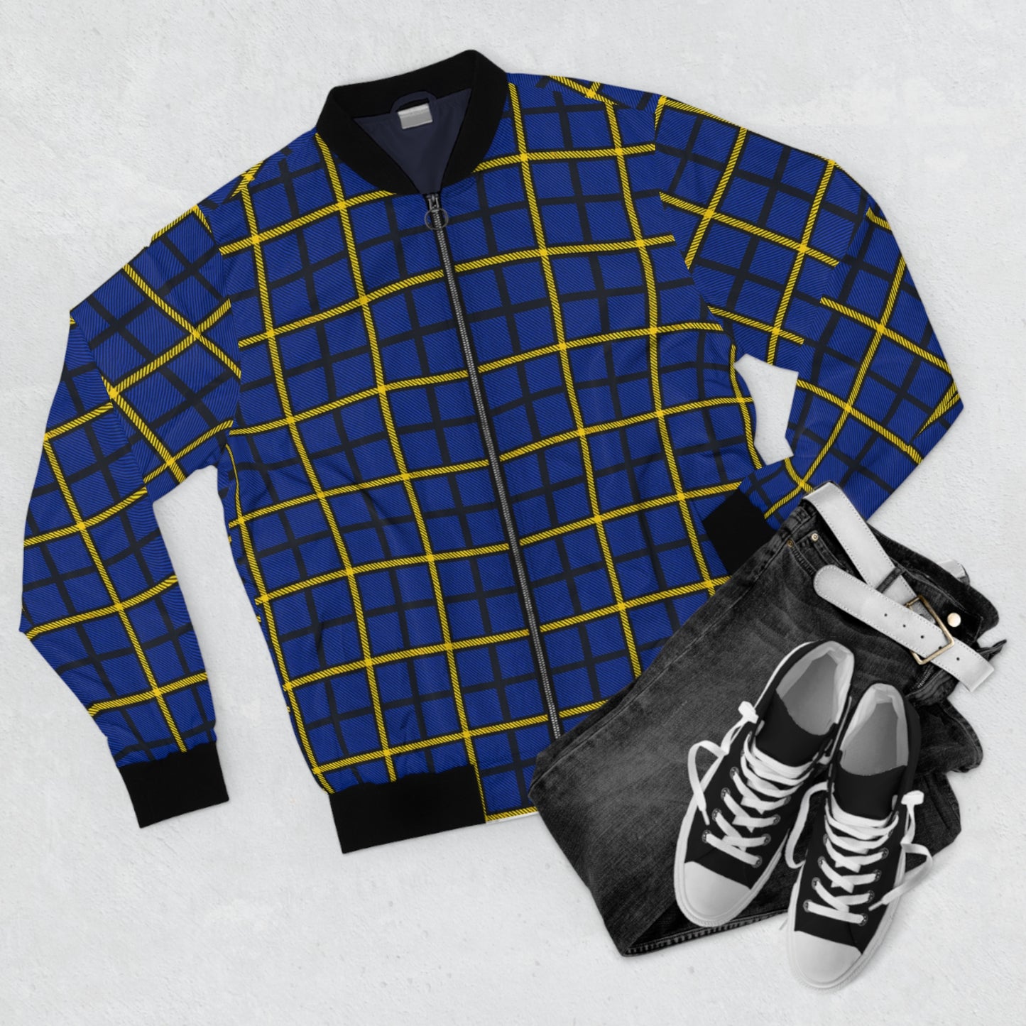 Pittsburgh Tartan Plaid Panthers  Stylish Men's Bomber Jacket with Bold Blue and Yellow Grid Pattern