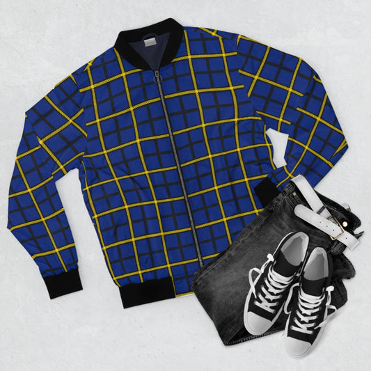 Pittsburgh Tartan Plaid Panthers  Stylish Men's Bomber Jacket with Bold Blue and Yellow Grid Pattern