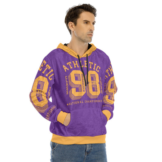 Man wearing a purple and yellow hoodie with 'Athletic 98' text on a white background