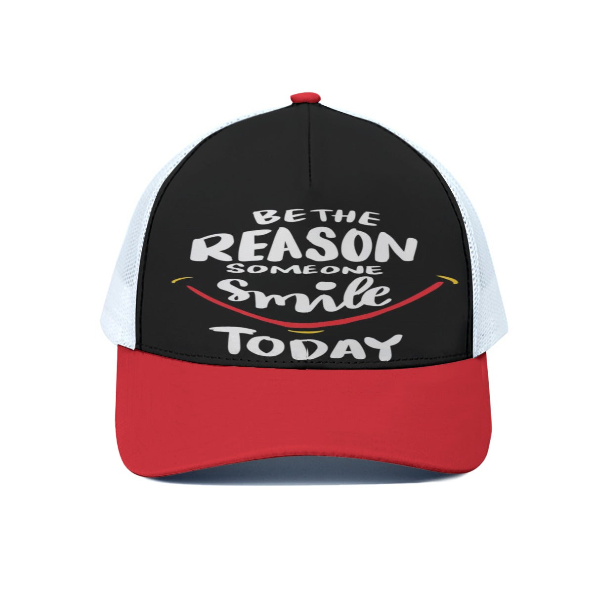 Black and red cap with motivational quote on a white background