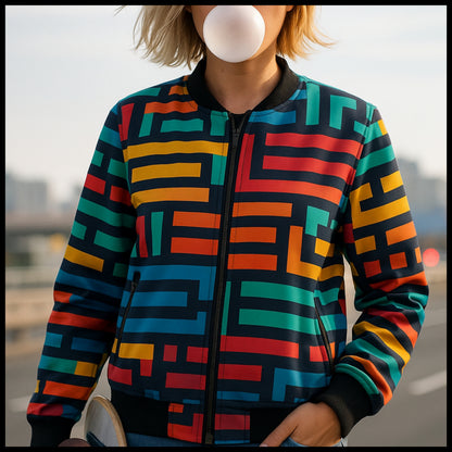 Person wearing a colorful geometric-patterned jacket with a blurred background