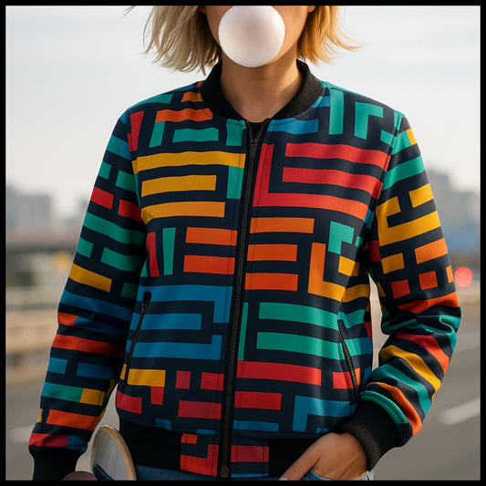 Person wearing a colorful geometric-patterned jacket with a blurred background