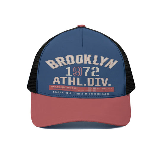 Baseball cap with 'Brooklyn 1972 Athl.Div.' text on a white background
