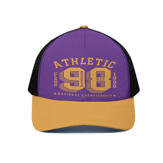 Purple, black, and yellow cap with 'Athletic 98' text on a white background