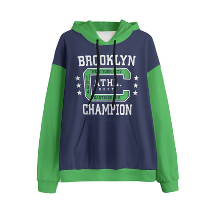Navy and green hoodie with 'Brooklyn Champion' text on a white background