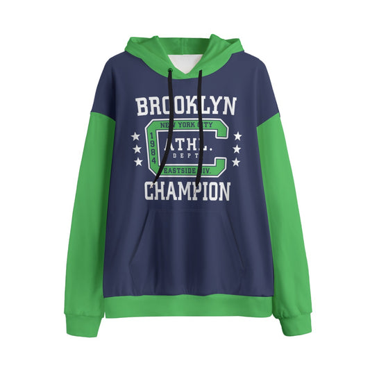 Navy and green hoodie with 'Brooklyn Champion' text on a white background