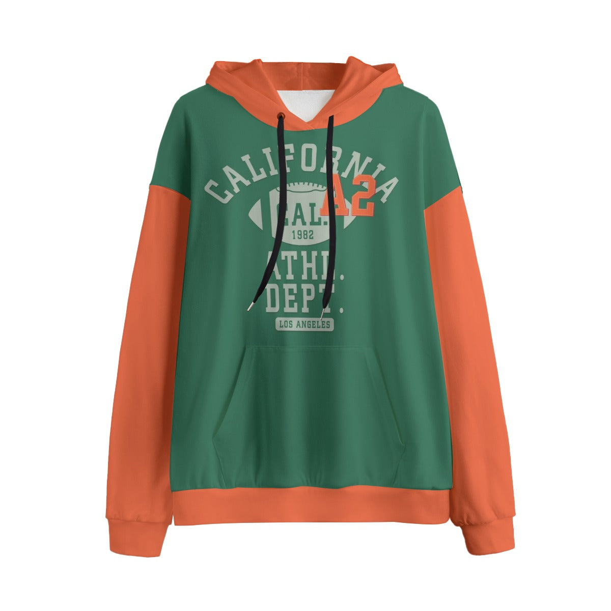 Green and orange hoodie with 'California Athletic Dept.' text on a white background
