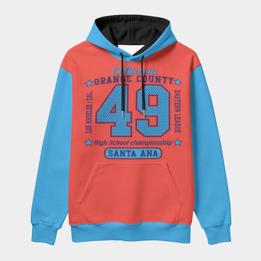 Blue and red hoodie with text on a light gray background