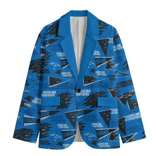 Blue blazer with Carolina Panthers pattern on a white background