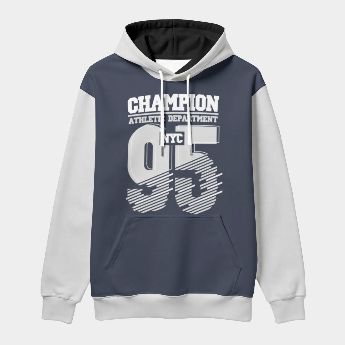 Navy and white hoodie with 'Champion' and 'Athletic Department' text on a light gray background