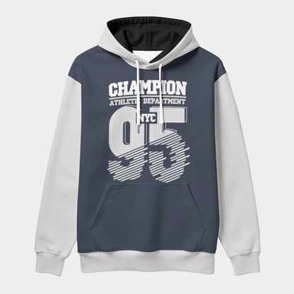 Navy and white hoodie with 'Champion' and 'Athletic Department' text on a light gray background