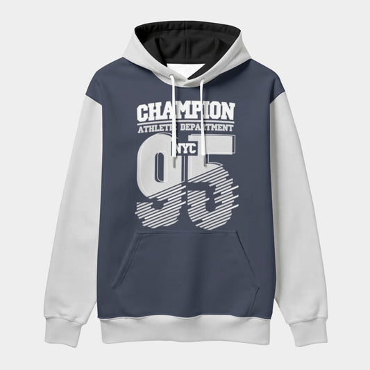 Navy and white hoodie with 'Champion' and 'Athletic Department' text on a light gray background