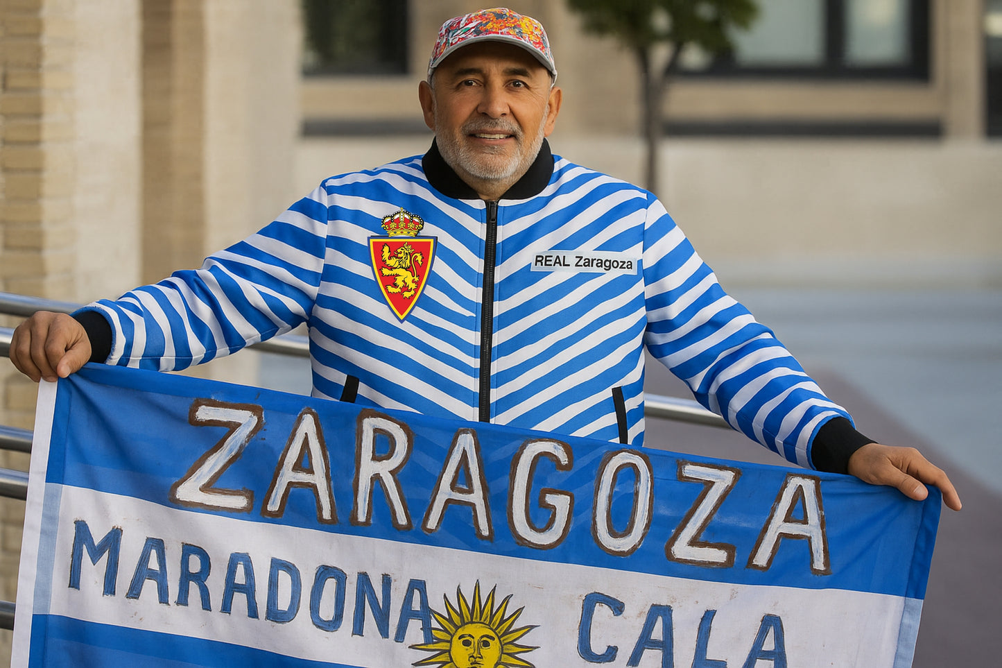 Man wearing a blue and white striped jacket with a Real Zaragoza logo, holding a Zaragoza flag.