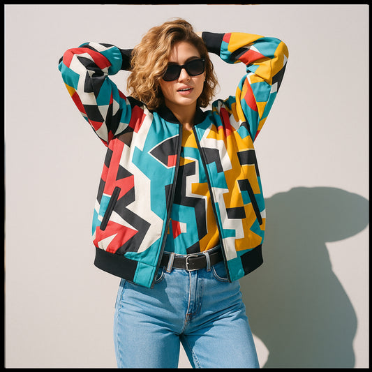 Person wearing a colorful geometric-patterned jacket against a plain background