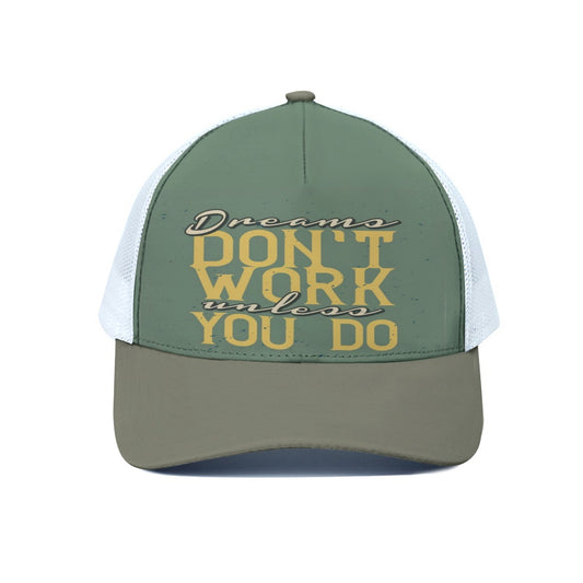 Green and beige cap with motivational quote on a white background