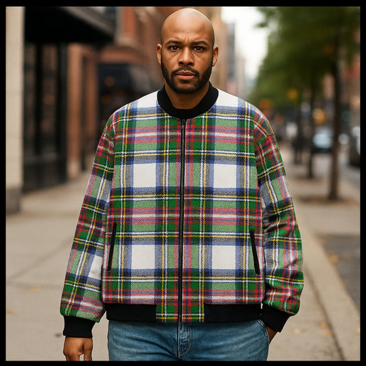 Man wearing a plaid jacket on a city street