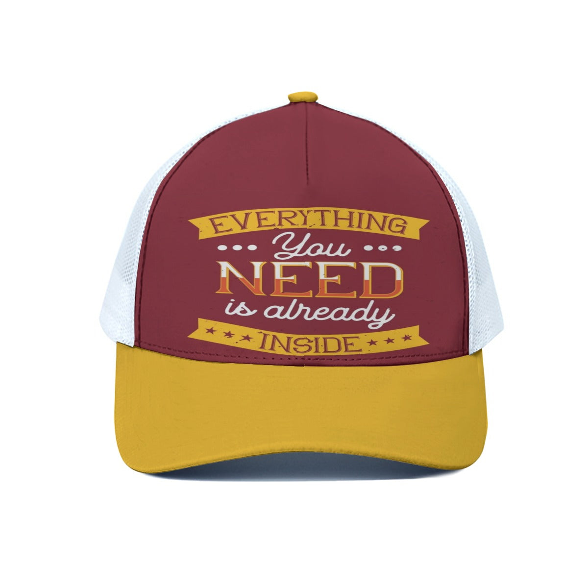 Maroon and yellow cap with motivational quote on a white background