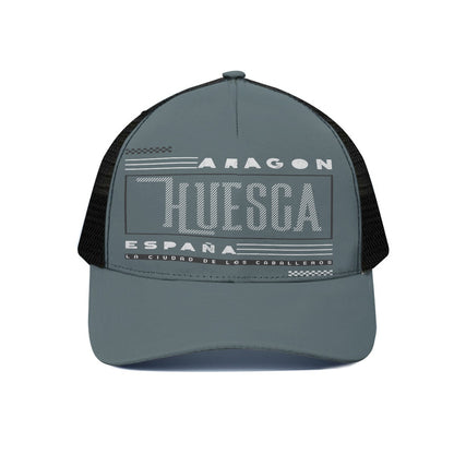 Gray and black cap with text on a white background