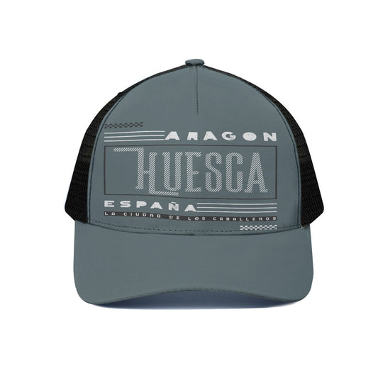 Gray and black cap with text on a white background