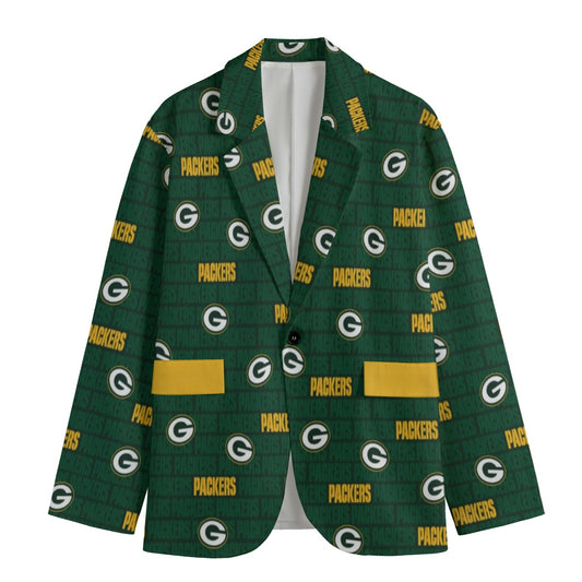 Green Bay Packers patterned blazer on a white background