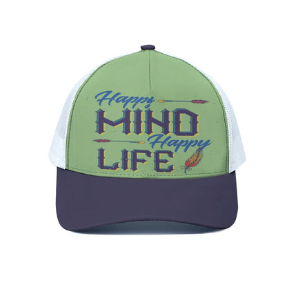 Green and purple cap with 'Happy Mind Happy Life' text on a white background