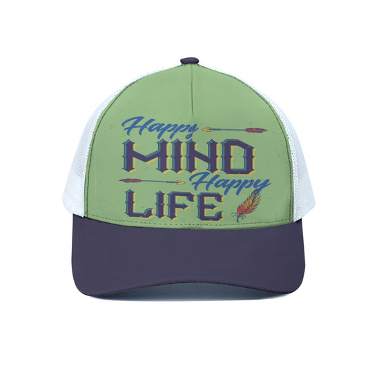 Green and purple cap with 'Happy Mind Happy Life' text on a white background