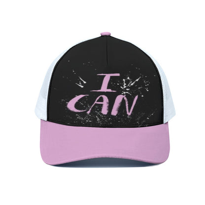 Black and pink cap with 'I CAN' text on a white background