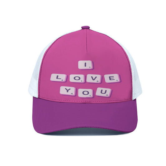 Pink and purple cap with 'I LOVE YOU' text on a white background