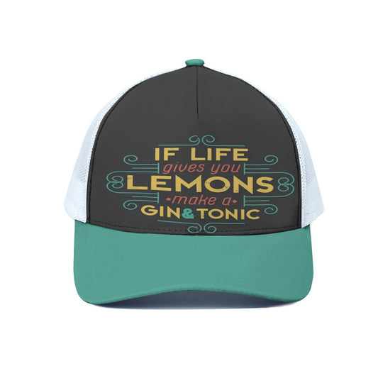 Trucker hat with humorous text design on a white background