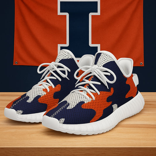 Navy, orange, and white sneakers on a wooden surface with a large letter 'I' in the background.