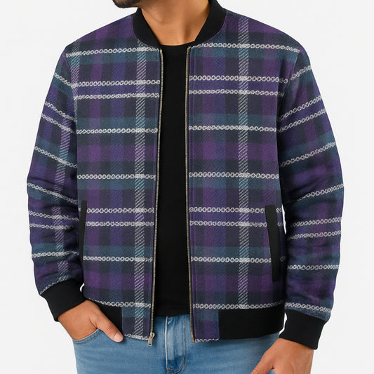 Person wearing a purple plaid jacket with a plain background