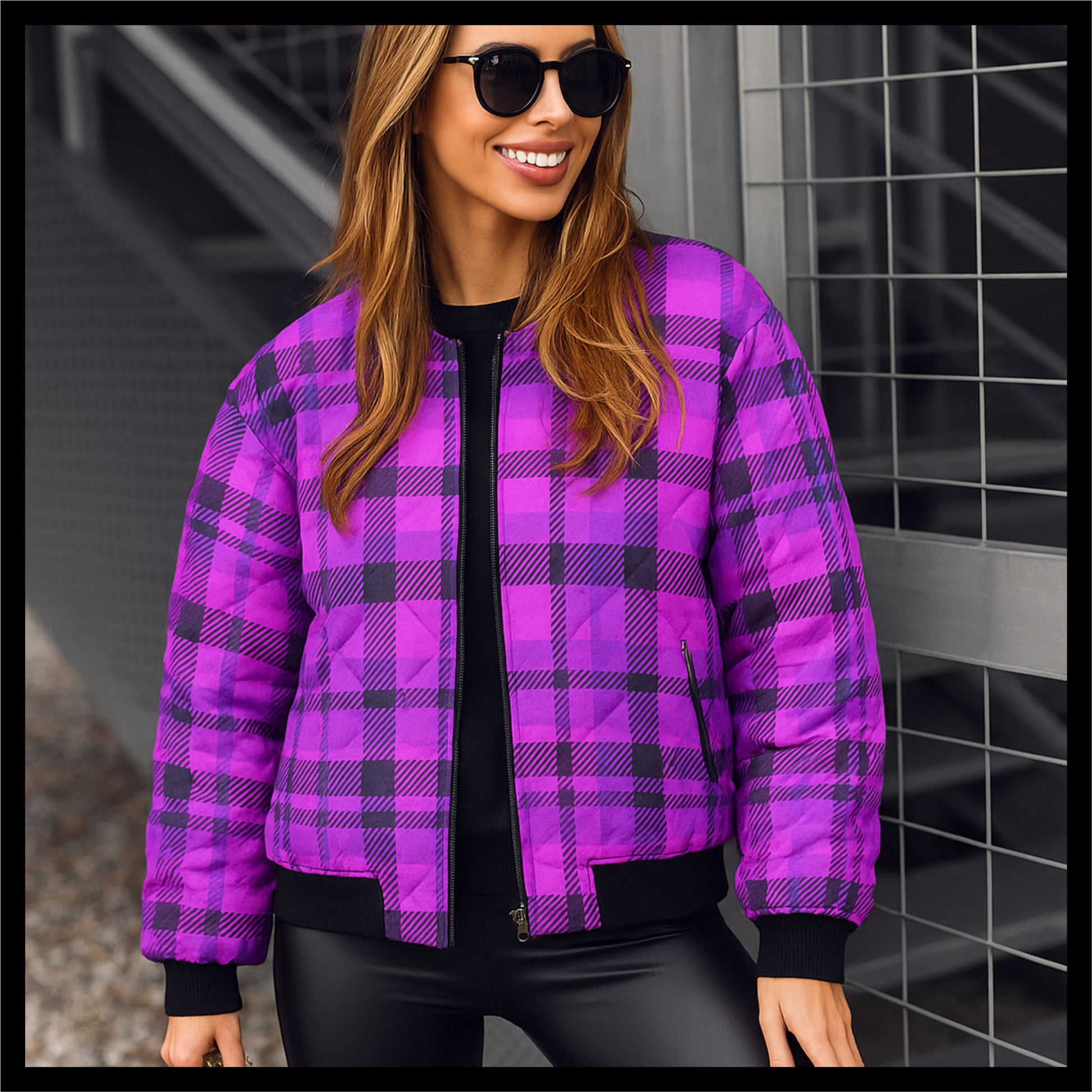 Person wearing a purple and green plaid jacket on a plain background